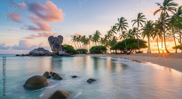 Fototapeta Serene tropical sunrise over a tranquil coastline, showcasing a dramatic rock formation and lush palm trees lining a pristine beach.