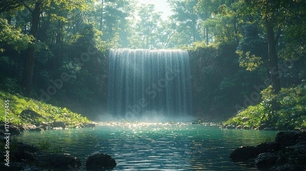 Fototapeta Serene waterfall cascading into a tranquil pool surrounded by lush greenery in a misty forest.