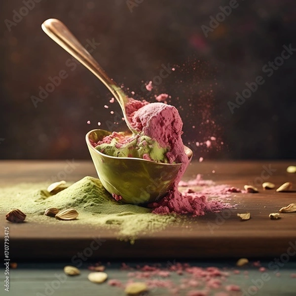 Fototapeta Pistachio Ice Cream Mockup in Brass Bowl with Raspberry