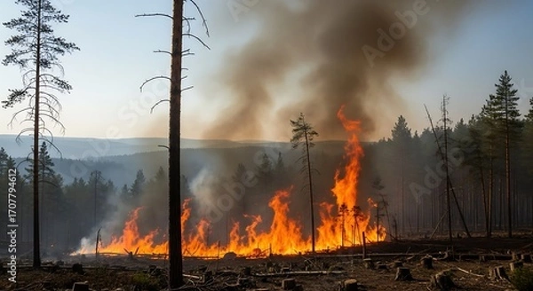 Fototapeta A large wildfire rages across a forest clearing, sending plumes of smoke into the tranquil morning sky.