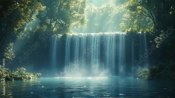 Fototapeta Serene waterfall cascading into a tranquil pool, surrounded by lush green foliage under soft sunlight.