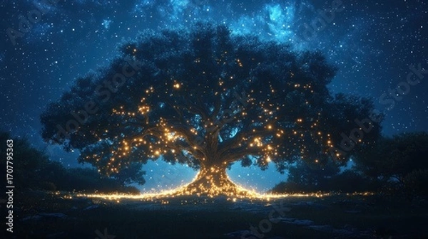 Fototapeta Illuminated oak tree at night under starry sky.