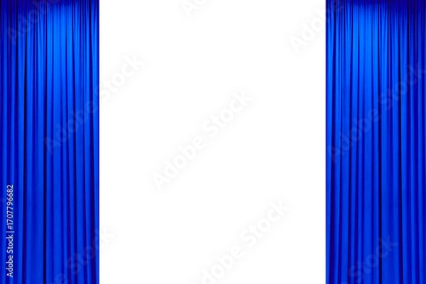Fototapeta Straight open blue silk curtains, stage of a movie theater or stage, isolated on transparent background
