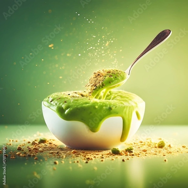 Fototapeta Green Smoothie Bowl Mockup with Spoon and Crumbs