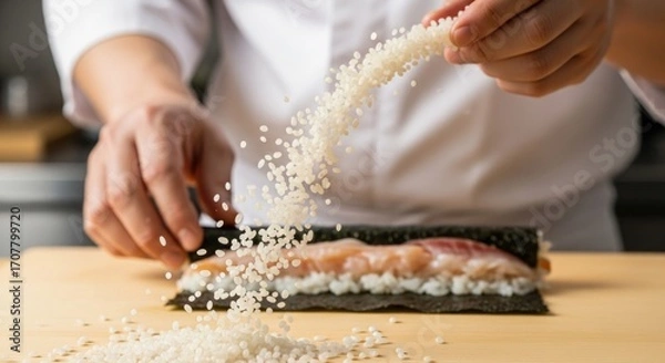 Fototapeta Close-up of chef's hands sprinkling rice onto nori-wrapped fish and rice, preparing sushi rolls. Focus on the meticulous culinary process