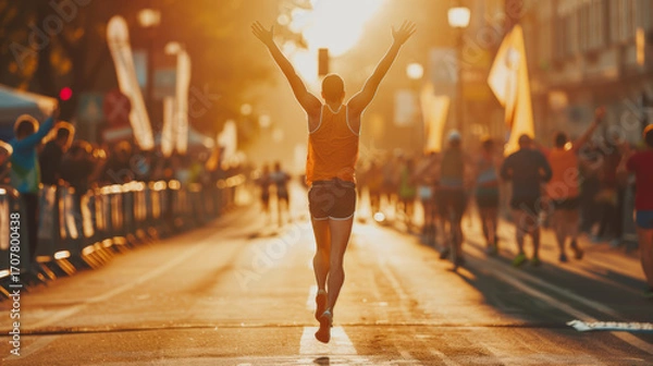 Fototapeta Sukces w maratonie – triumf, sport i motywacja na zawodach ulicznych

