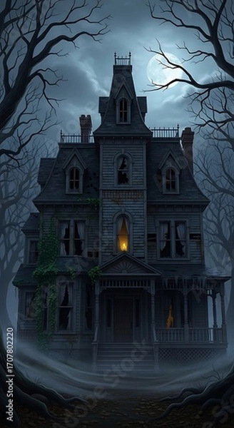 Fototapeta A large, dilapidated house stands on a foggy night, framed by dark, leafless trees, bathed in a pale moonlight.
