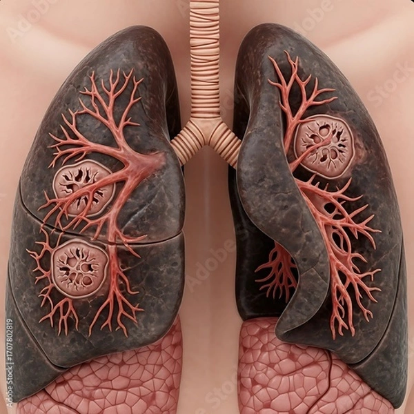 Fototapeta Detailed anatomical illustration of diseased lungs, showcasing the intricate bronchial tree and damaged tissue structures.