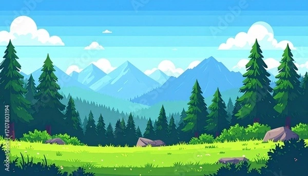 Fototapeta Vibrant pixelated illustration of a serene mountain valley featuring a sunlit field, evergreen trees, and a majestic range for a gaming backdrop