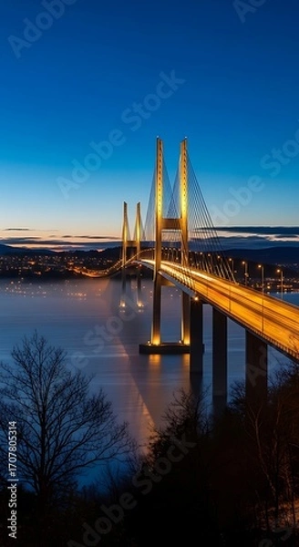 Fototapeta A stunning cable-stayed bridge spanning a tranquil waterway at twilight, illuminated by vibrant city lights.