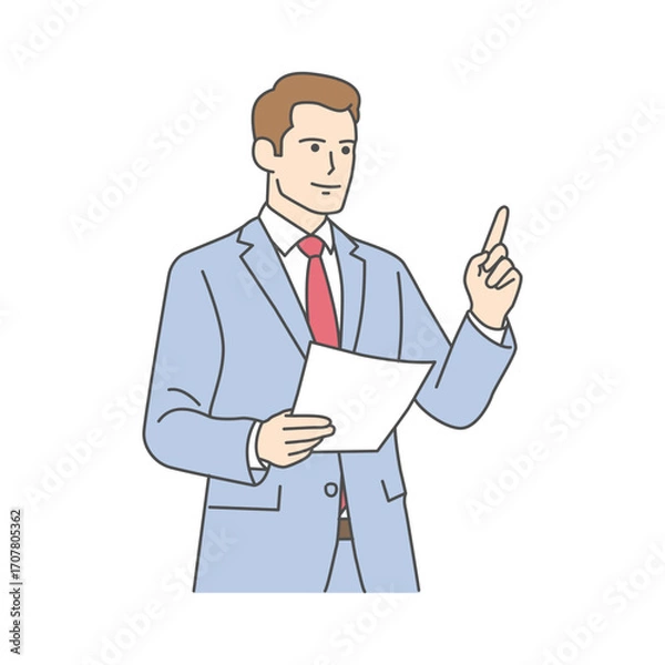 Fototapeta Cartoon illustration of professional businessman in a suit giving a presentation with paper notes