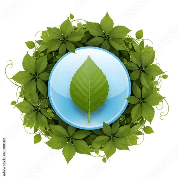 Fototapeta Leaf Sits Centrally on Blue Circle, Surrounded by Green Leaves and Vines, Abstract