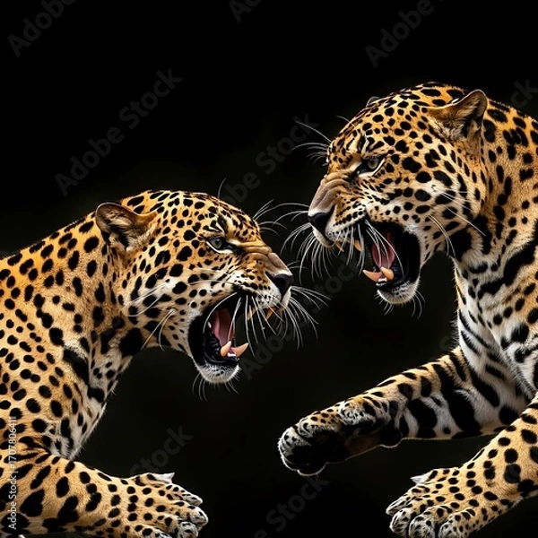 Fototapeta Two jaguars face off, showcasing raw power and aggression against a stark black backdrop.