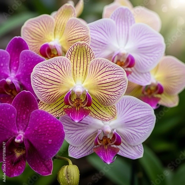 Fototapeta Close-up view of vibrant, colorful orchids in a variety of shades, displaying intricate patterns and delicate textures.