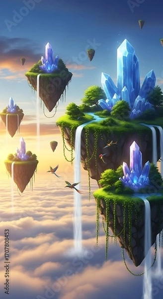 Fototapeta Floating islands adorned with crystal formations and waterfalls cascade through a dreamy, ethereal sky.