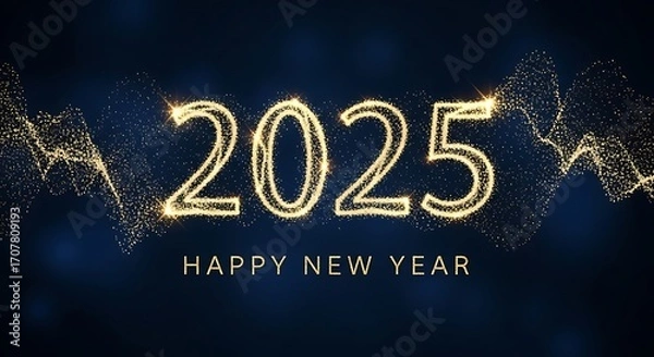 Fototapeta A celebratory graphic design displays the year 2025, composed of glittering golden particles, against a deep navy blue background, evoking a festive and modern mood.