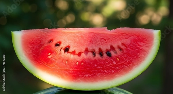 Fototapeta Close-up view of a juicy watermelon slice with vibrant red flesh and dark seeds against a blurred backdrop of green foliage.