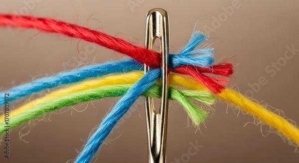 Fototapeta A close-up view of colorful threads interwoven through a needle, showcasing a concept of unity and interconnectedness.  The vibrant hues and delicate textures create a visually engaging image.