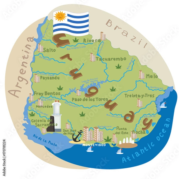 Obraz Uruguay. Vector cartoon illustration of the Uruguay map with the architecture doodle, attractions, landmark symbols. Vector illustration with all main symbols of the country.
