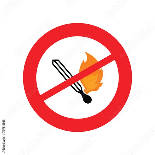 Fototapeta No open flame sign with a match and fire inside a red circle with a line through it.