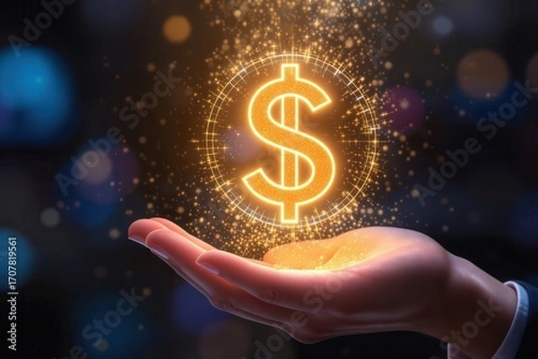Fototapeta A radiant symbol hovers over a hand, illuminated by sparkling light, signifying prosperity and gain.