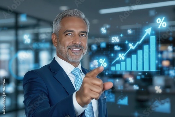 Fototapeta Experienced business leader presents growing financial metrics via augmented reality display technology.