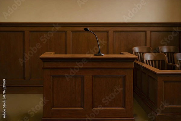 Fototapeta Courtroom with a microphone on the stand, representing justice, communication, authority and the legal process of speaking in judicial proceedings