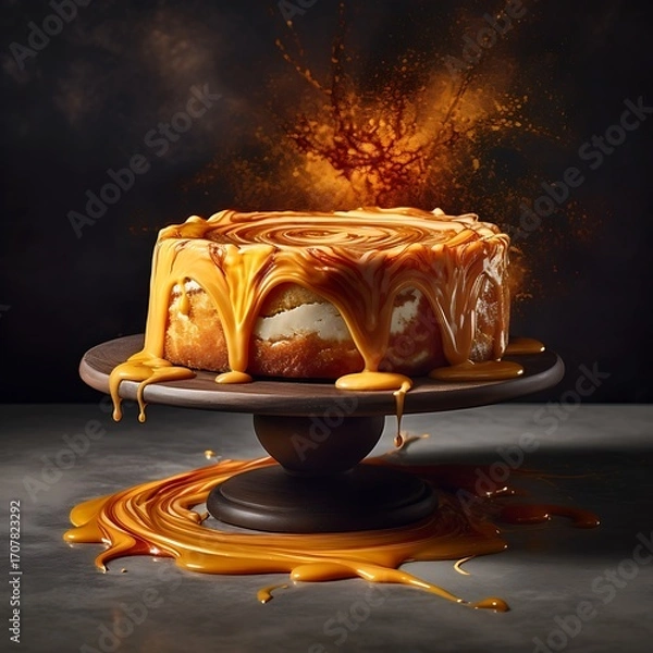 Fototapeta Caramel-Topped Cake Mockup with Dripping Caramel