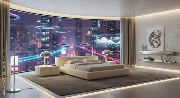 Fototapeta Futuristic bedroom with a panoramic view of a neon-lit cityscape at night, featuring flying vehicles and illuminated buildings.