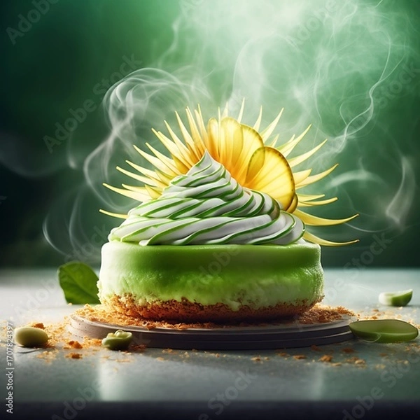 Fototapeta Matcha Cake Mockup with Whipped Cream and Lime
