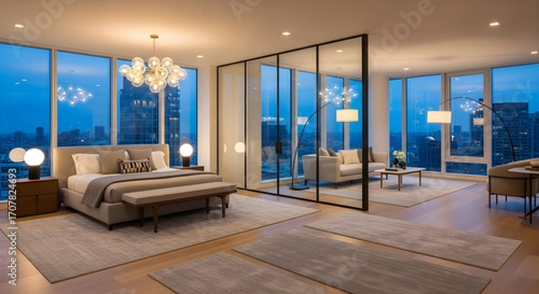 Fototapeta Luxurious modern bedroom with a city view at dusk, featuring a king-size bed, seating area, and elegant lighting.