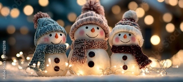 Fototapeta Charming trio of snowmen in knitted hats and scarves illuminated by fairy lights creating a magical winter scene
