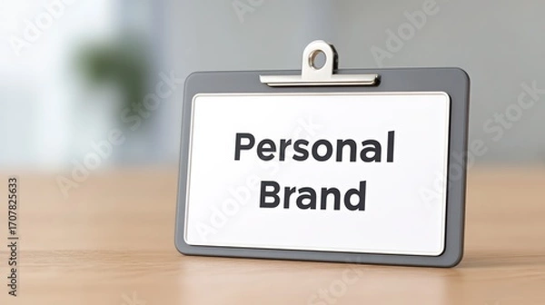 Fototapeta A sleek name tag displays the phrase "Personal Brand," suggesting a focus on identity and professionalism in a modern workspace.