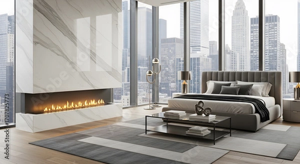 Fototapeta Luxurious modern bedroom with a panoramic city view and a sleek linear fireplace.