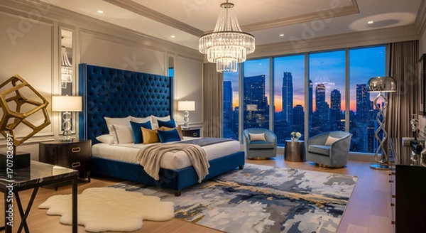 Fototapeta Luxurious bedroom with a large tufted headboard, elegant seating, and a stunning city skyline view through floor-to-ceiling windows.