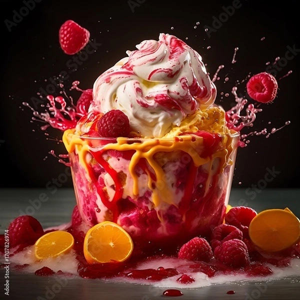 Fototapeta Swirled Ice Cream Dessert Mockup with Raspberries and Sauce