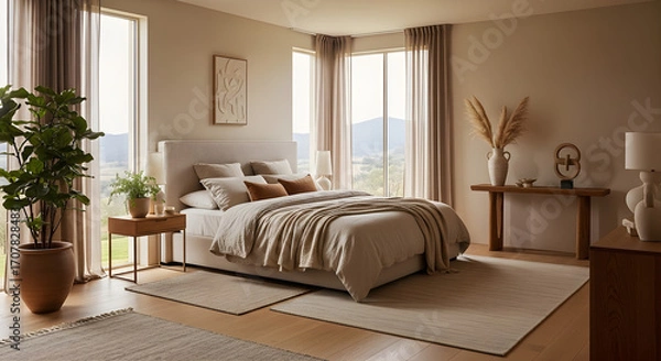 Fototapeta A serene and spacious bedroom with a large bed, natural light, and a calming neutral color palette.