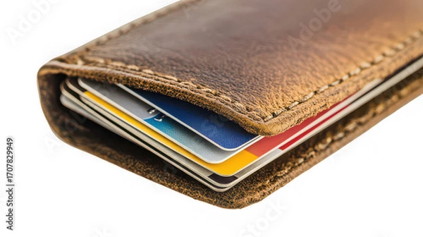 Obraz A close up shot of a brown leather wallet filled with several colorful credit cards on black background