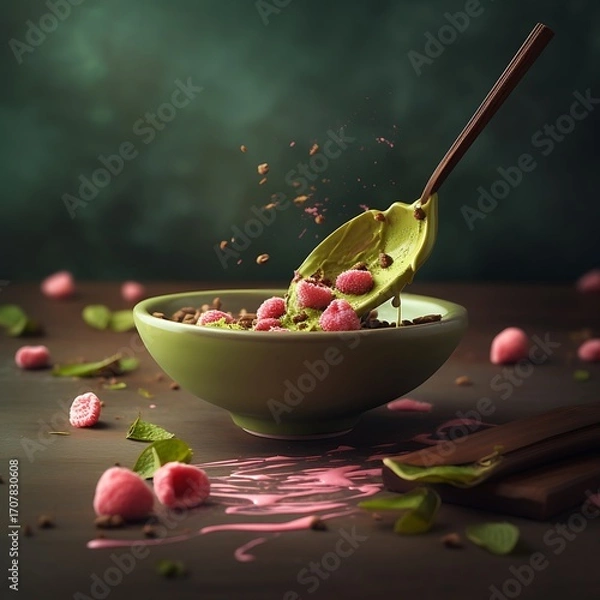 Fototapeta Raspberry and Chocolate Bowl Mockup with Lifting Spoon