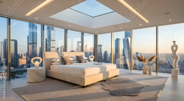 Fototapeta Luxurious modern bedroom with a panoramic view of a city skyline through floor-to-ceiling windows and a skylight.