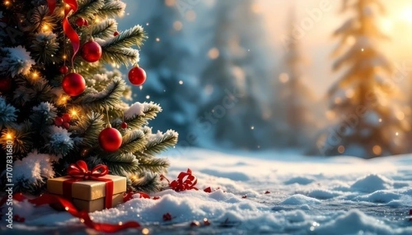 Fototapeta Christmas tree with red ornaments and gift in snowy forest