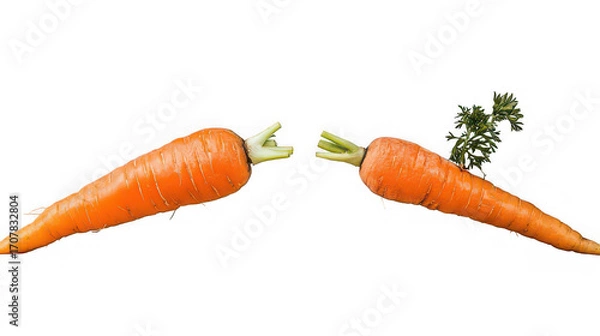 Obraz Two carrots facing each other on a black background with one carrot having green leaves on top