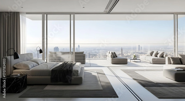 Fototapeta A luxurious modern bedroom with a panoramic view of a city skyline from floor-to-ceiling windows.