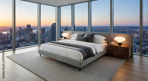 Fototapeta Luxurious bedroom with a panoramic view of a city skyline at sunset, featuring a king-size bed and modern decor.