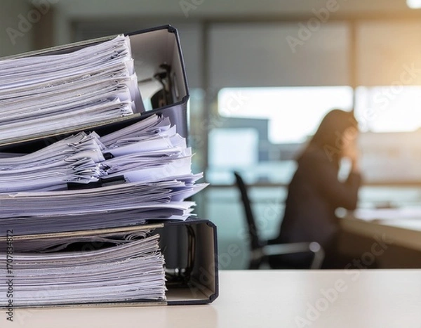 Obraz Overwhelmed office worker; stacks of paperwork in foreground.