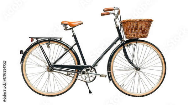 Obraz A vintage bicycle with a basket and brown seat isolated on a black background in a studio shot