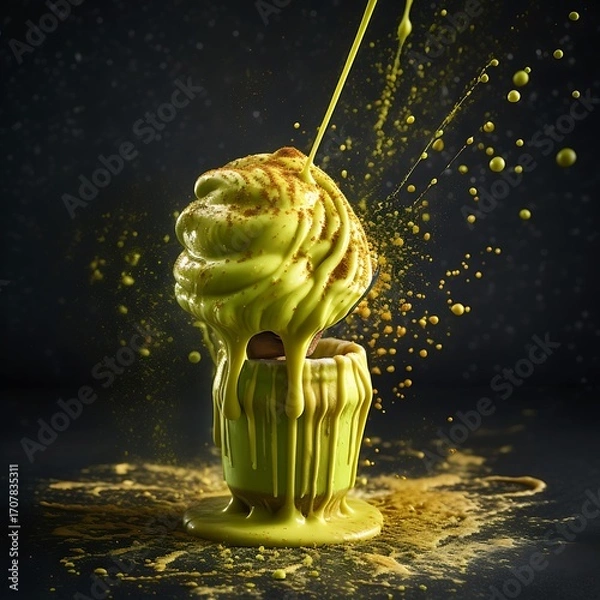 Fototapeta Green Ice Cream Swirl Cup Mockup with Sauce Splash