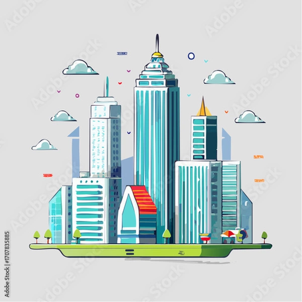 Obraz Pixel Art Cityscape with Skyscrapers and Green Landscape