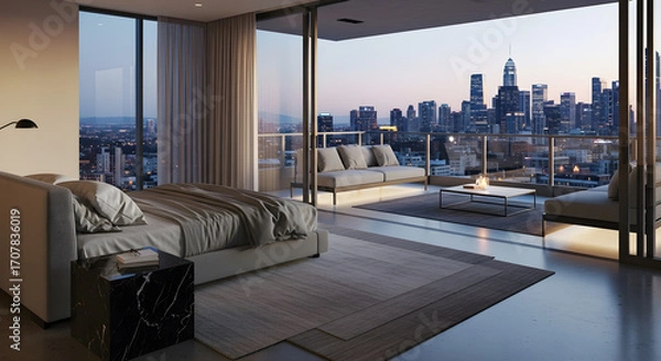 Fototapeta Luxurious modern bedroom with a stunning city skyline view from a private balcony at dusk.