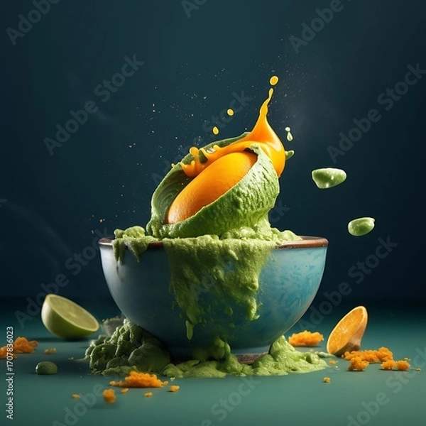 Fototapeta Avocado Mash Bowl Mockup with Splashing Orange Slice